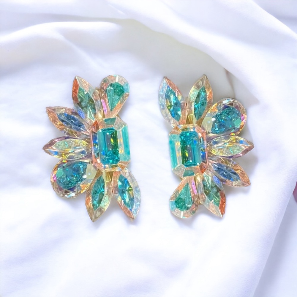 Vintage Multicolor Rhinestone Cluster Clip-On Earrings Glamour Elegance